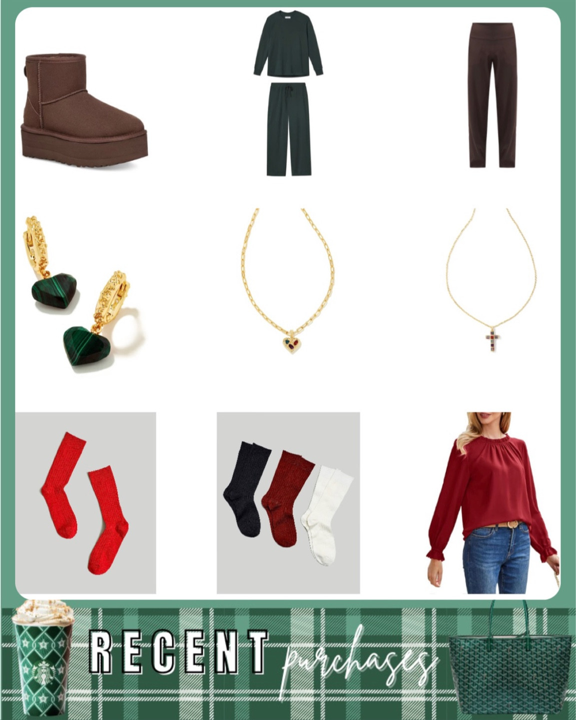 Recent buys - madewell red and burgundy socks, Kendra Scott holiday jewelry, Ugg platform boots, lake pajamas, lululemon wide leg align leggings



#LTKHoliday #LTKGiftGuide #LTKSeasonal