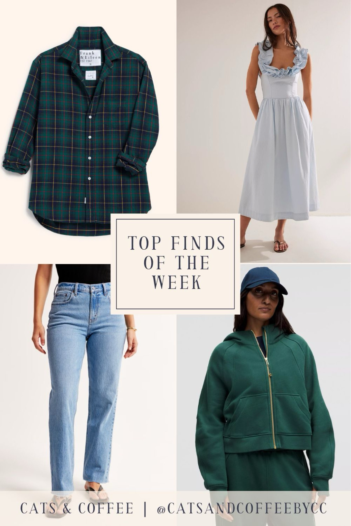 Top Finds of the Week from Cats & Coffee - the coziest flannel button up top from Frank & Eileen, a lovely midi dress from Free People, comfy and flattering Abercrombie jeans, and a great green oversized zip up from Lululemon ✨

#LTKMidsize #LTKSaleAlert #LTKSeasonal