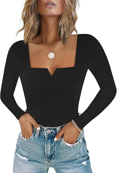 Chunpin Women's Square Neck Notch V Neck Long Sleeve Bodysuit Tops Double Lined Thong Bodysuit | Amazon (US)