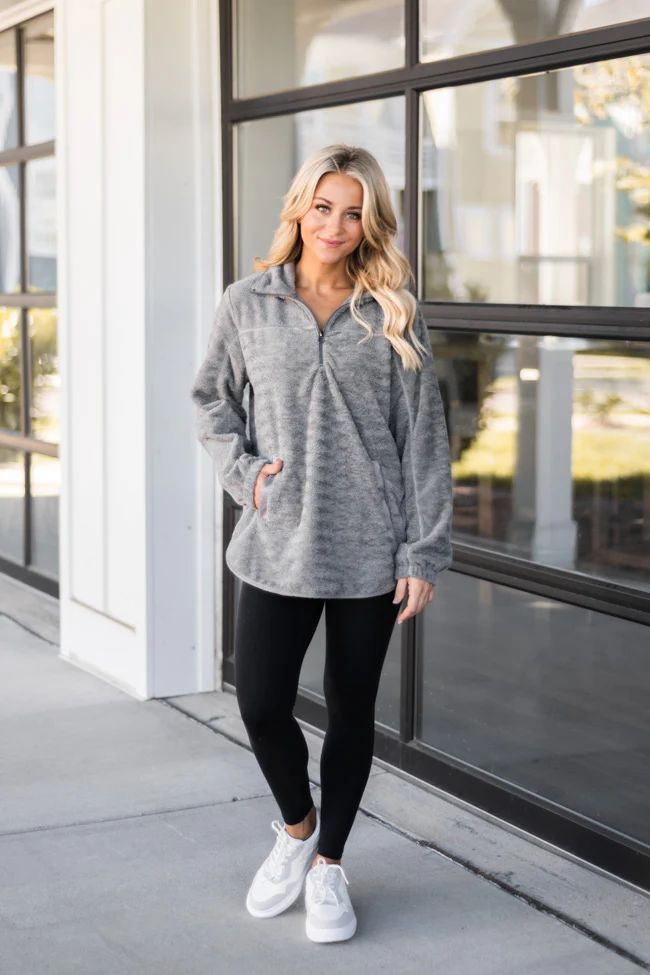 Around The Clock Grey Quarter Zip Sherpa Pullover DOORBUSTER | The Pink Lily Boutique