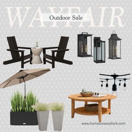 Wayfair Outdoor Sale:  here are some of my general picks.  

Outdoor lights.  black modern lights.  Outdoor Coffee table.  Outdoor cafe lights.  Modern black veradek planter.  Gray planters.  Black Adirondack chairs.  Cement side table.  

#LTKSeasonal #LTKsalealert #LTKhome