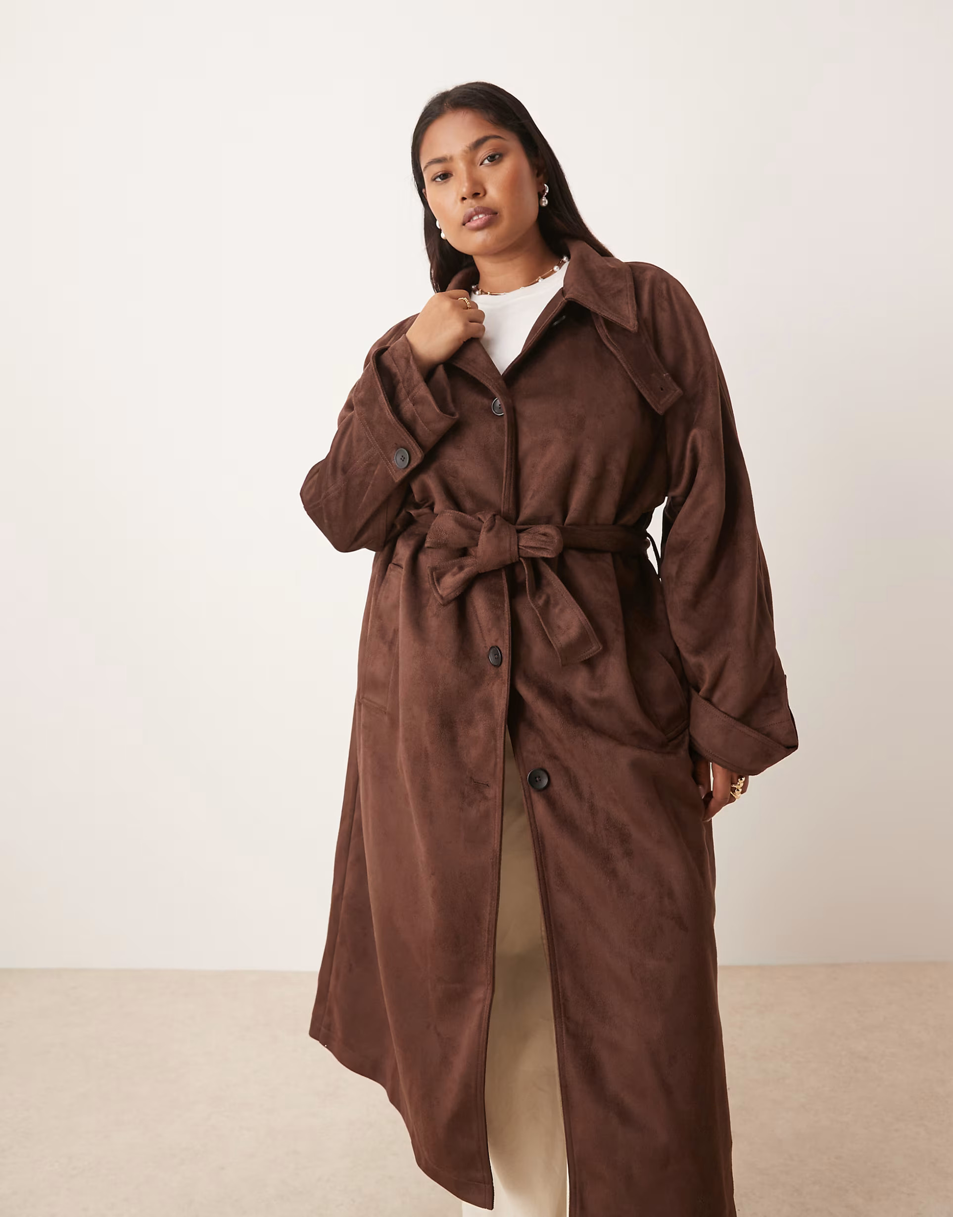 ASOS DESIGN Curve faux suede funnel neck trench coat in chocolate | ASOS | ASOS (Global)