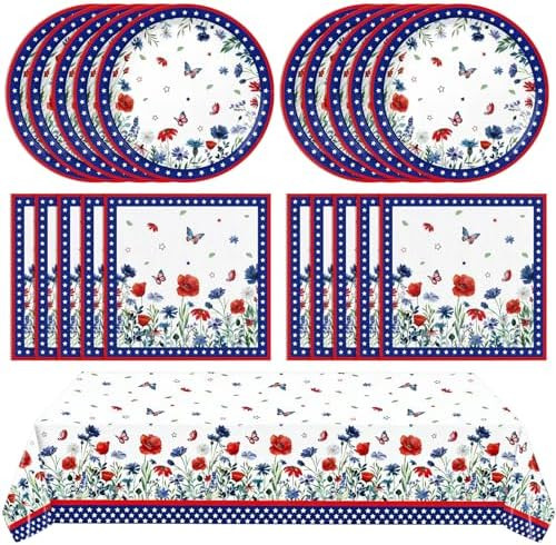41Pcs 4th of july party supplies Patriotic Watercolor Poppy Flowers Independence Day Disposable P... | Amazon (US)