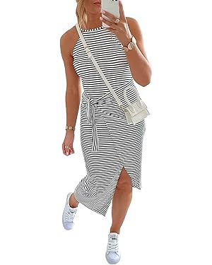 NOLLSOM Women Casual Sleeveless Striped Tank Midi Dresses Halter Neck Ruched Bodycon Dresses Tie ... | Amazon (US)