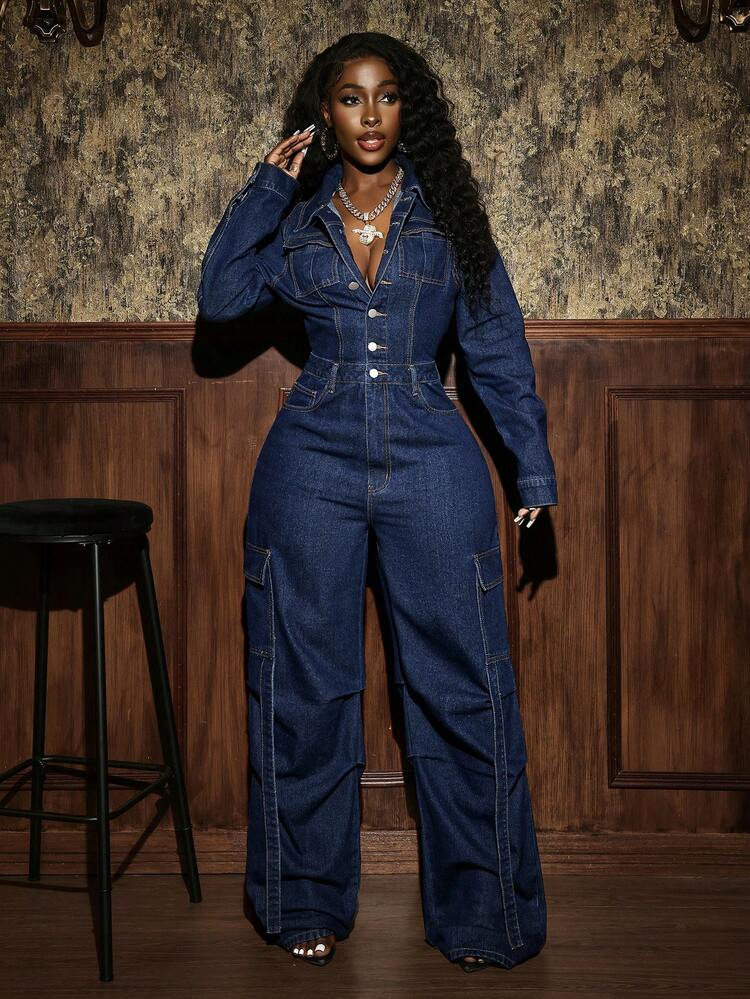 Slaydiva Women's Long Sleeve Casual Denim Jumpsuit With Multiple Pockets And Button Half Placket | SHEIN