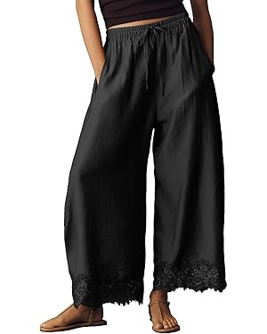 GTLIAE Women Cropped Lace Hem Pants Casual Drawstring Elastic High Waisted Trousers Summer Beach ... | Amazon (US)