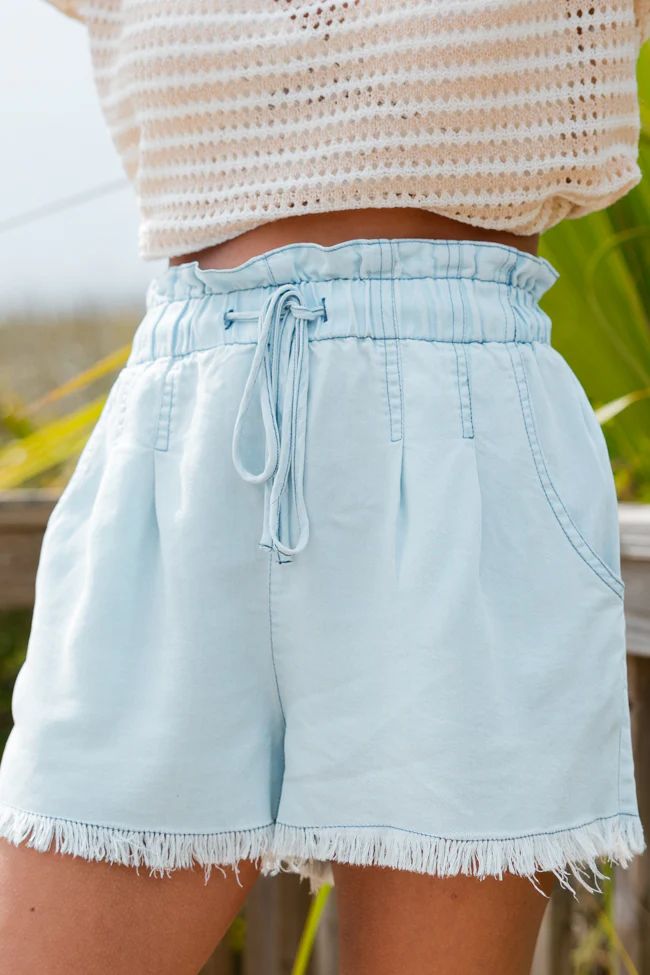 Finally Here Light Wash Chambray Frayed Hem Shorts | Pink Lily