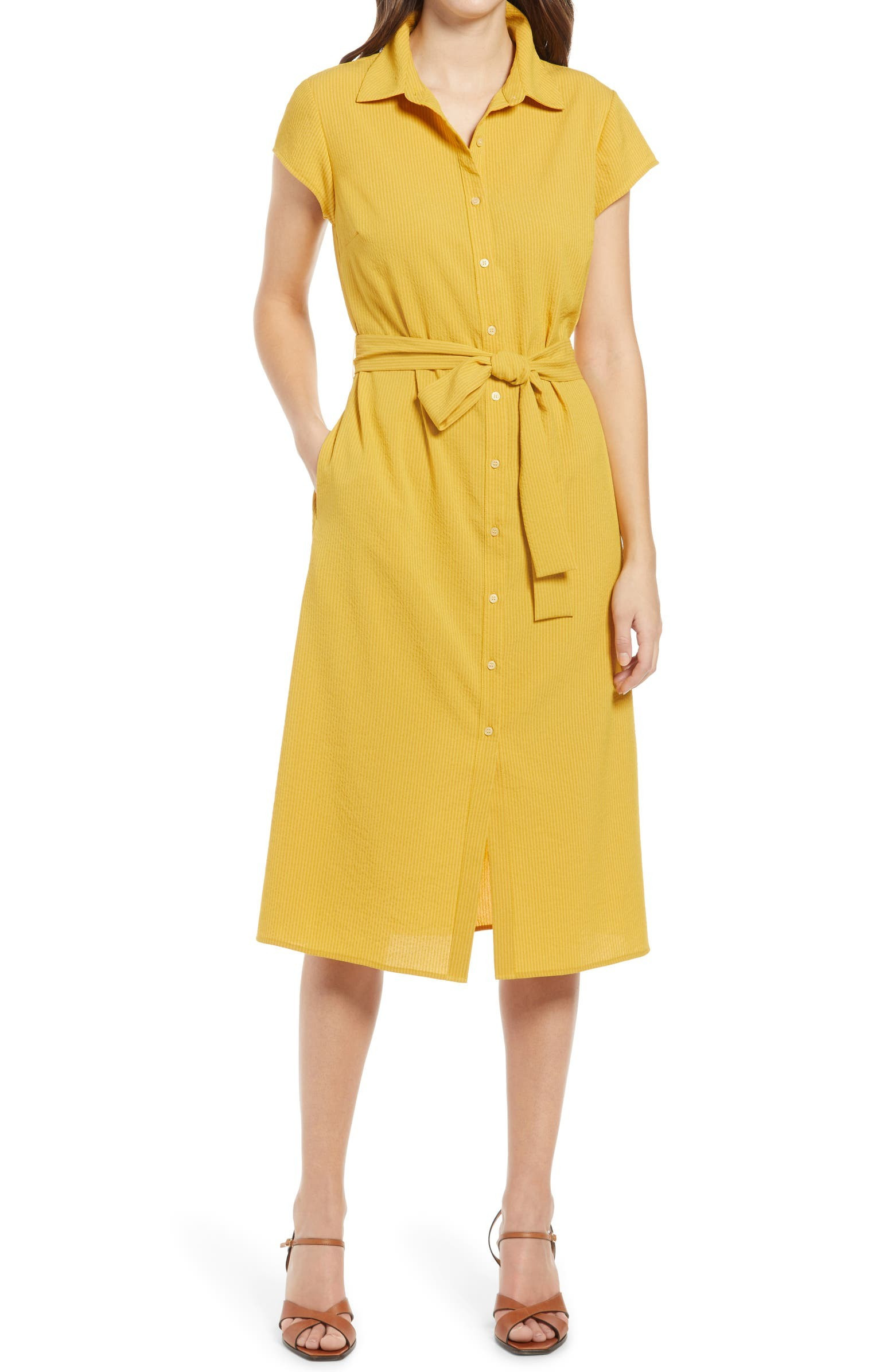 Textured Tie Waist Shirtdress | Nordstrom