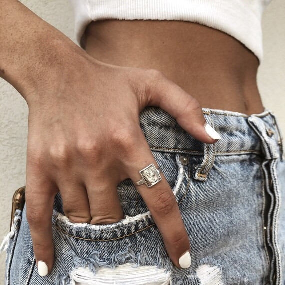 Silver Square Coin Ring, Sterling Silver Signet Ring For Women, Womens Coin Ring, Siegelring Dame... | Etsy (US)