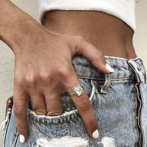 Silver Square Coin Ring, Sterling Silver Signet Ring For Women, Womens Coin Ring, Siegelring Dame... | Etsy (US)