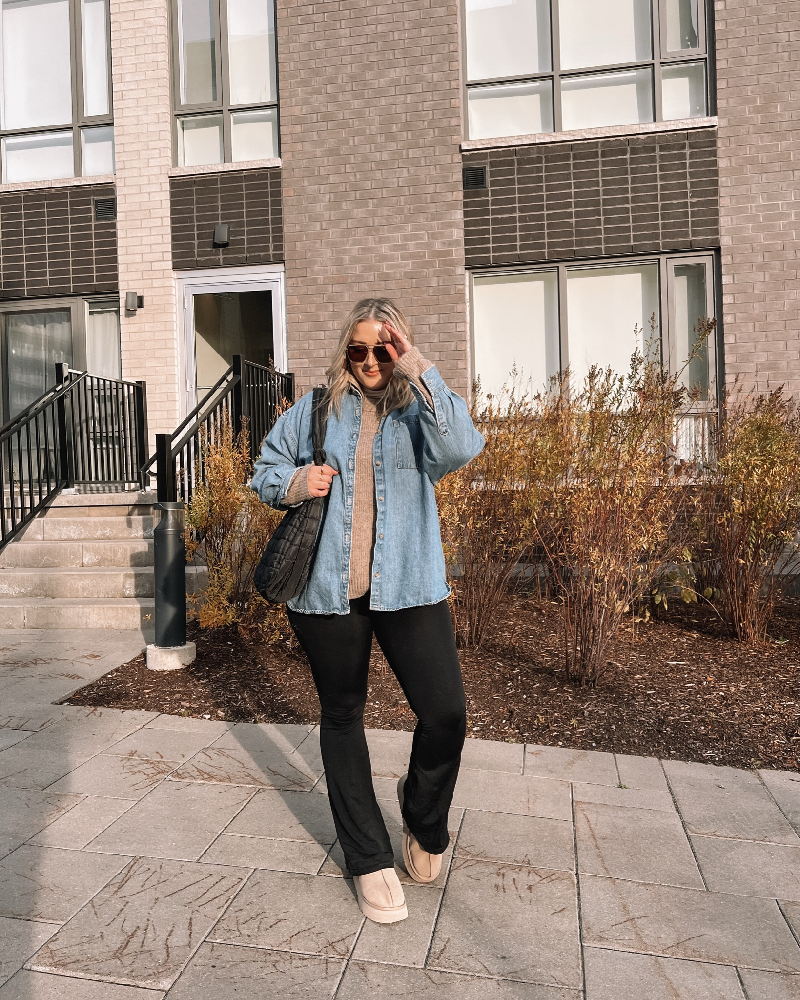 Comfy casual fall outfit - super soft sweater (sized up to XL for an oversized fit), turtleneck for layering (size L), denim shirt jacket (size L), black flare leggings (size M), Ugg Tazz platforms (size up .5 if between)


#LTKmidsize #LTKstyletip #LTKautumn