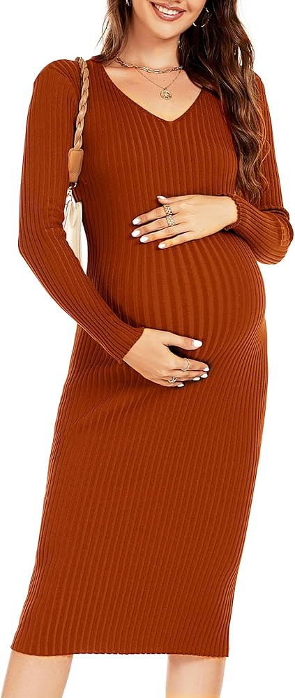 Maternity Dress Long Sleeve V Neck Knit Stretchable Sweater Dresses Pregnancy Clothes for Photosh... | Amazon (US)