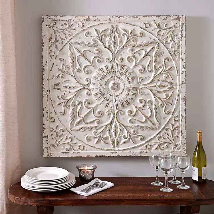 Aria Distressed Cream Embossed Metal Tile | Kirkland's Home