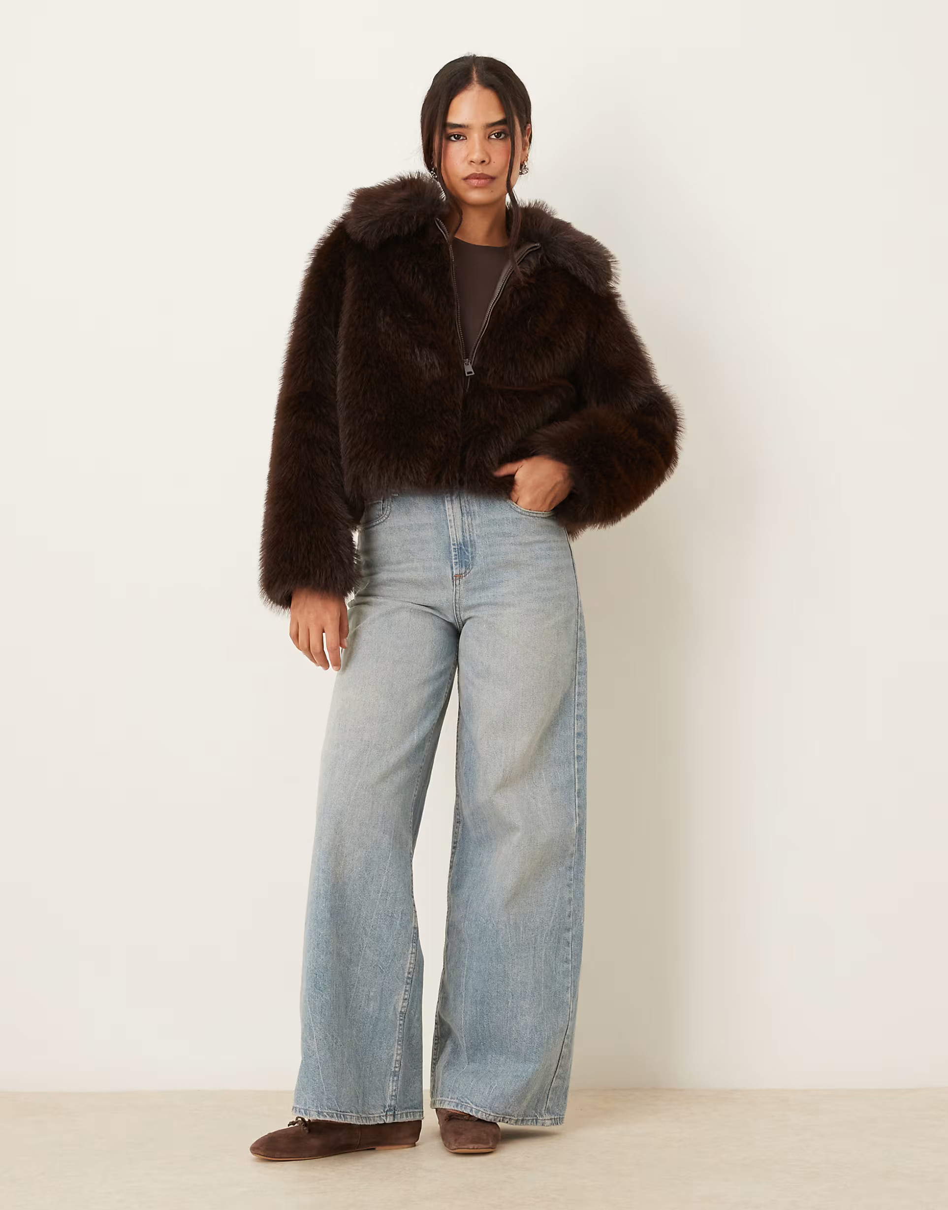 Mango short zip up faux fur jacket in brown | ASOS (Global)