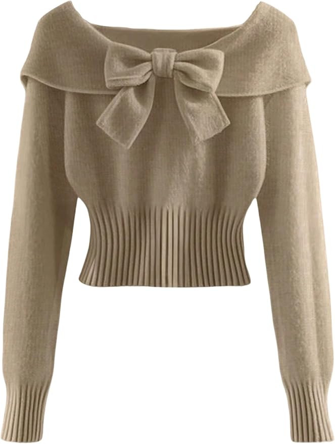 Verdusa Women's Bow Sweater Foldover Cinched Waist Crop Tops Trendy Fall Lightweight Knit Pullove... | Amazon (US)