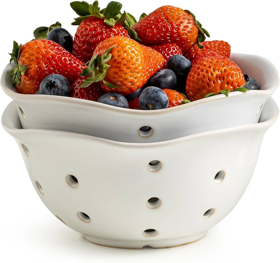 Gomakren Ceramic Berry Basket Set of 2, Elegant Fruit Basket Container 6 Inch, Fruit Bowl with Ho... | Amazon (US)