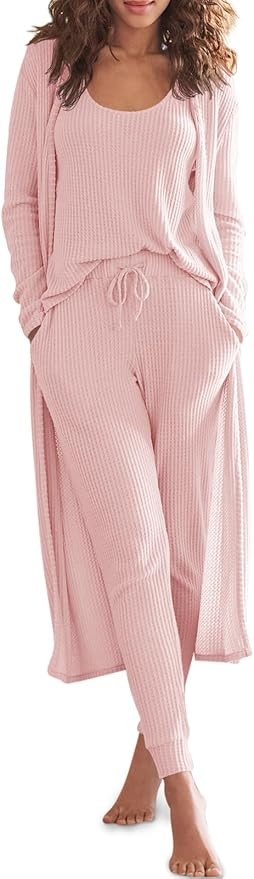 Eurivicy Womens Lounge Set Waffle Knit 3 Piece Pajama Sets Tank Tops Loose Pants with Long Cardig... | Amazon (US)