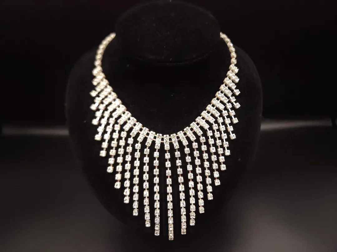 Vintage Diamante Sparkle Rhinestone Waterfall Fringle Collar Bib Necklace Burlesque Showgirl Stat... | Etsy (US)