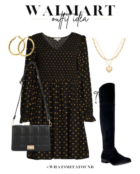 Walmart outfit idea, casual outfit idea, winter outfit idea, babydoll dress, flowy dress, otk boots, over the knee boots, crossbody bag, layered necklaces, twisted hoops

#LTKunder50 #LTKshoecrush #LTKSeasonal