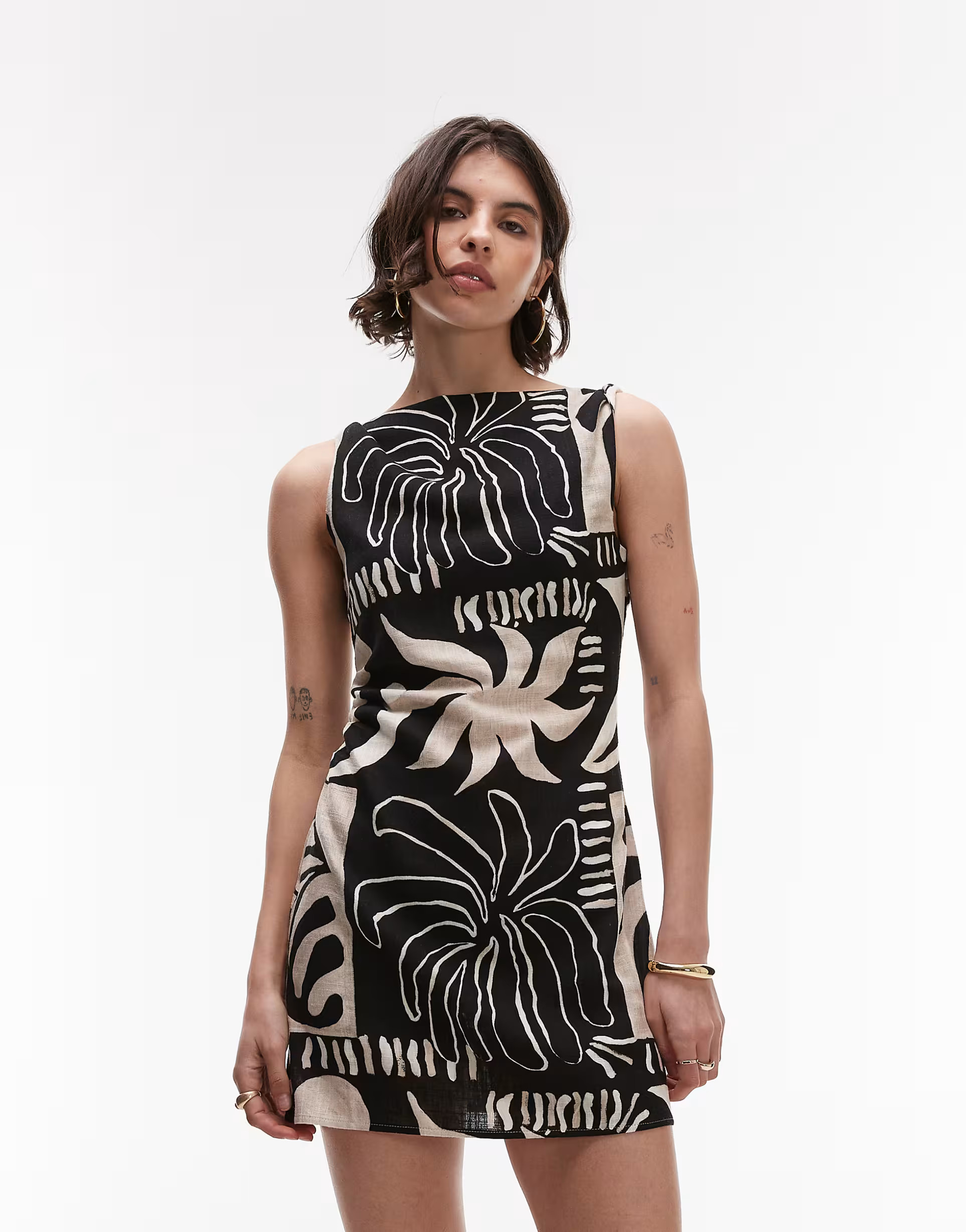Topshop twist shoulder linen mini dress in mono abstract print | ASOS (Global)