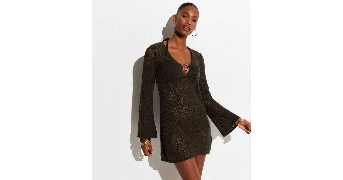 Dark Brown O-Ring Crochet Beach Kaftan Dress | New Look | New Look (UK)