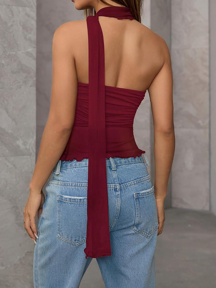 Milumia Women Bandeau Tops Ruched Mesh Halter Shirts with Scarf | Amazon (US)