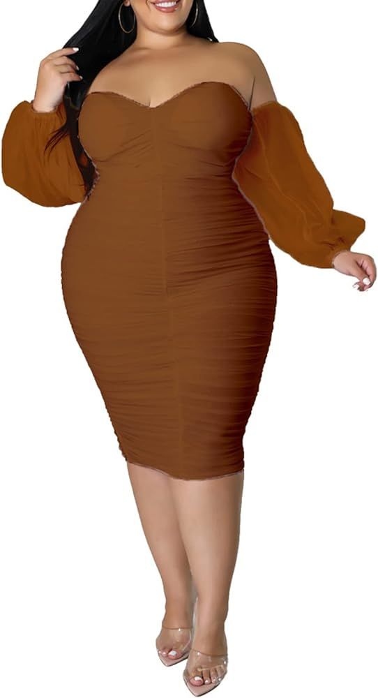 EDITCOZY Women Plus Size Off Shoulder Mesh Long Sleeve Bodycon Club Cocktail Ruched Midi Dress | Amazon (US)