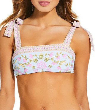 A Loves A Traditional Blooms Ice Blue Reversible Border Print Tie Shoulder Bandeau Swim Top & Rev... | Dillard's