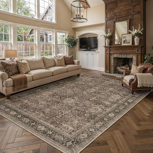 Brown Washable 10x12 Area Rugs for Living Room Bedroom | Vintage Rug Distressed, Neutral, Dining ... | Amazon (US)