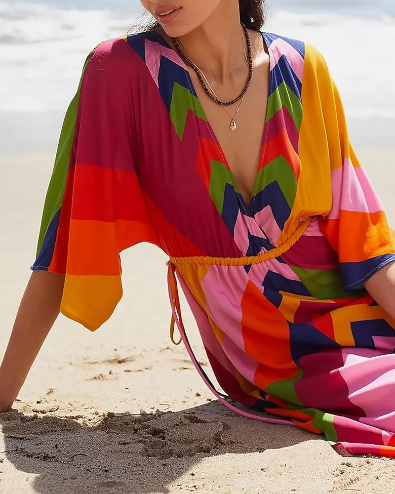Bsubseach Kaftan Dresses for Women Bathing Suit Cover Up Beach Caftan with Drawstring | Amazon (US)