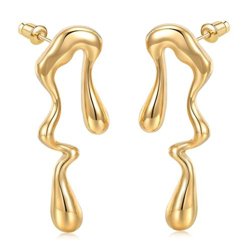 Gold Earrings for Women 14K Gold Plated Chunky Gold Earrings Fin Drop Earring Dupes Irregular Waterdrop Hoop Earring for Women Trendy Jewelry Gifts(09.Gold Irregular Style 3) | Amazon (US)