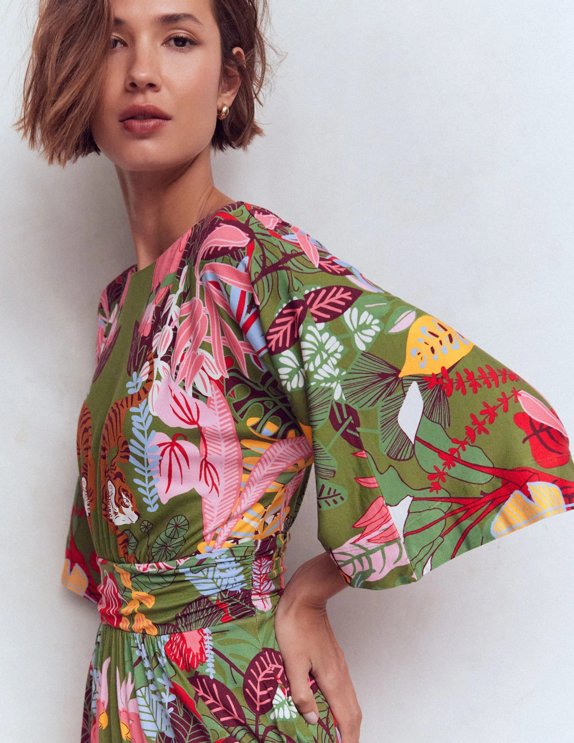 Imelda Kimono Jersey Dress-Olive, Tropical Safari | Boden (US)
