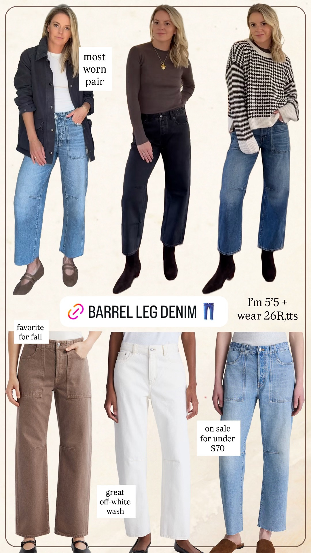 Barrel leg denim I love! Several styles on major sale. I’m 5’5 wearing a 26R,tts. They have a slightly loose fit after washing and drying. Size down if between sizes or prefer a more fitted look

#LTKSaleAlert