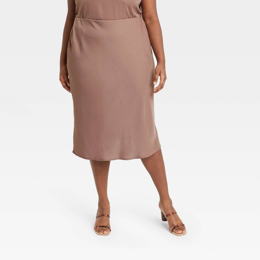 Women's Plus Size High-Rise Midi Slip A-Line Skirt - A New Day Brown 3X | Target