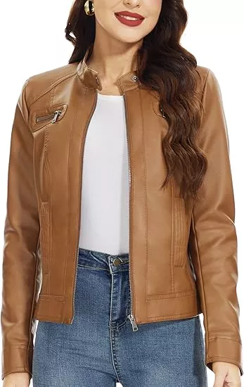 Fahsyee Women's Zip Up Faux Leather Jacket