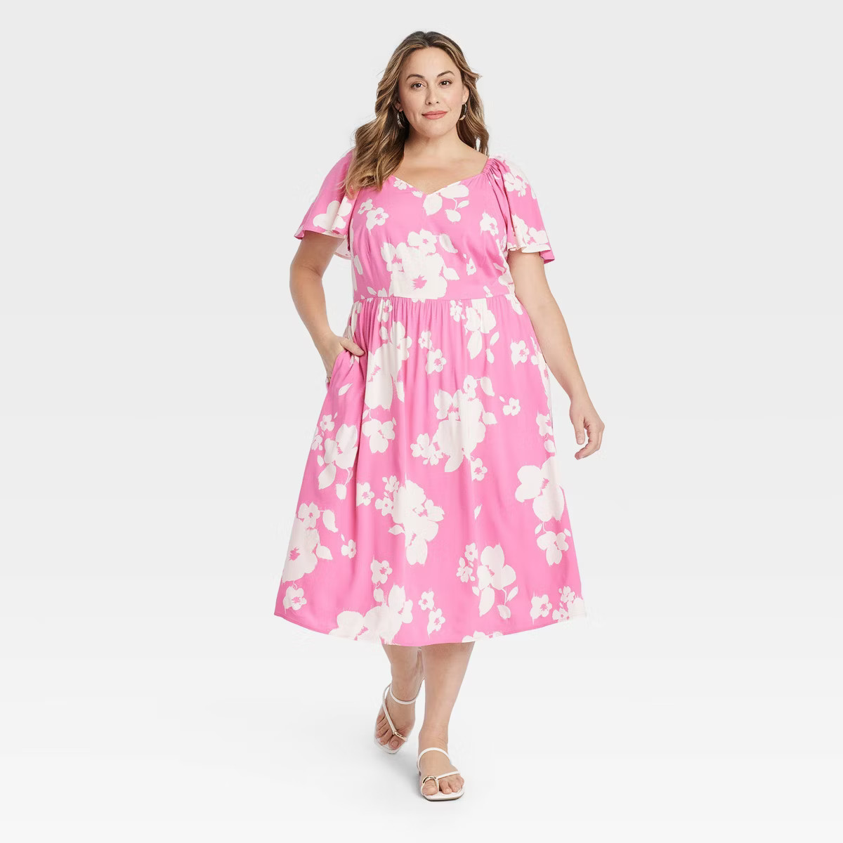 Women's Flutter Short Sleeve Midi A-Line Dress - Ava & Viv™ Pink Floral 2X | Target