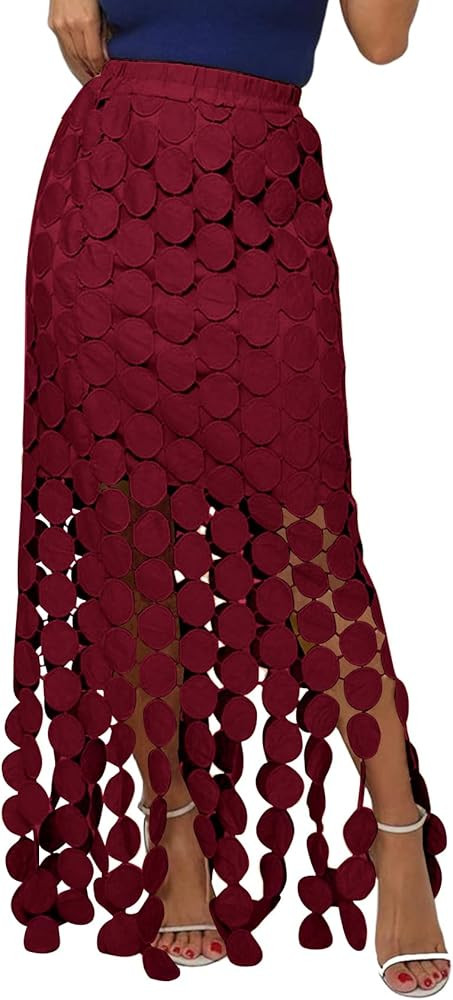 Kissonic Womens Long Fringe Maxi Skirt Summer Hollow Out Boho Elastic High Waist Skirt | Amazon (US)