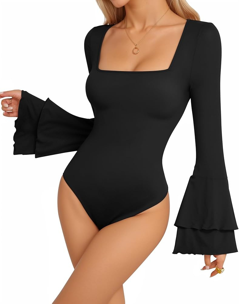 MANGOPOP Bell Sleeve Square Neck Bodysuits for Women Long Sleeve Bodysuit Going Out Tops | Amazon (US)