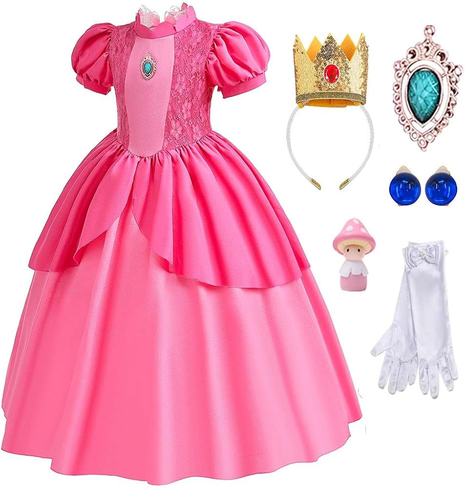 MOAGIS Girls Kids Princess Peach Costume Dress Halloween Dress up Costumes for Girl with Crown Gl... | Amazon (US)