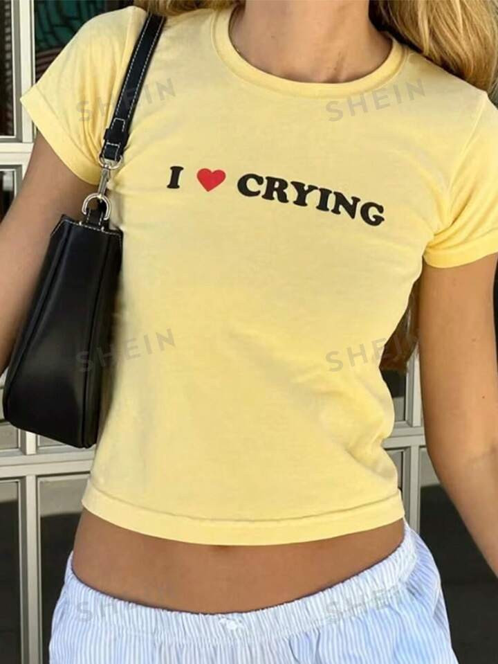 SHEIN EZwear Y2K Slogan Printed Women's Round Neck Short Sleeve Casual T-Shirt | SHEIN