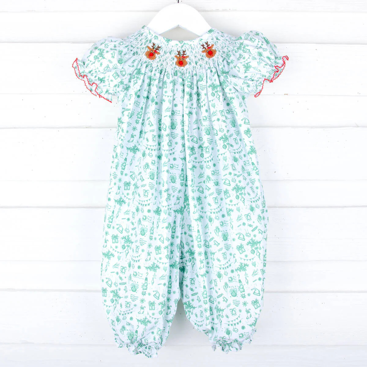 Reindeer Cheer Smocked Green Toile Long Bubble | Classic Whimsy
