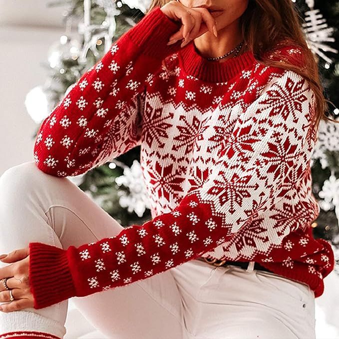 ZAFUL Women's Christmas Snowflake Knitted Sweater Long Sleeve Crew Neck Heart Print Pullover Knit... | Amazon (US)