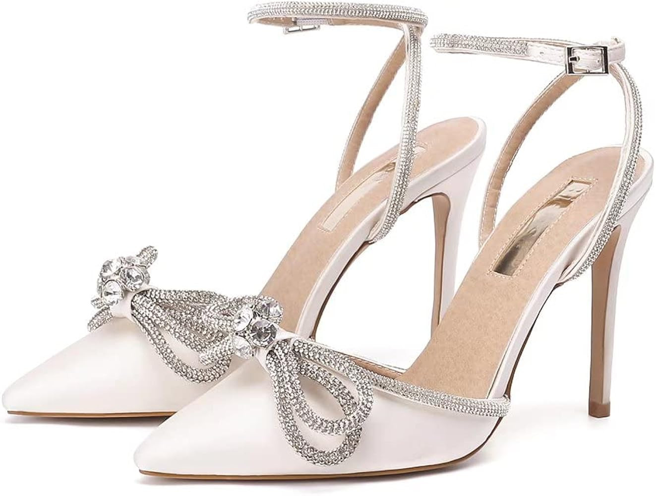 Women's Satin Lace Up High Heel Sandals Ankle Buckle Straps Pump Rhinestone Strip Bowknot Pointed To | Amazon (US)