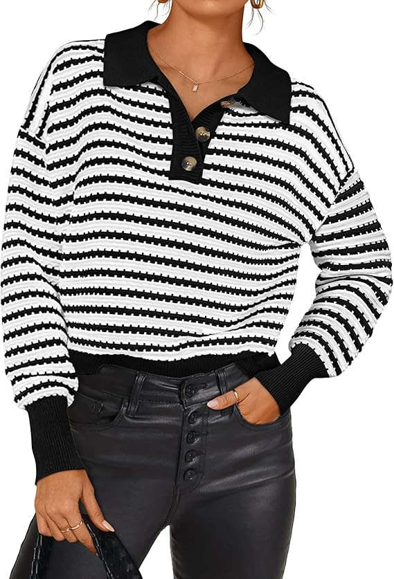 ZESICA Womens Striped Long Sleeve Sweaters 2024 Fall Casual Lapel V Neck Knit Drop Shoulder Loose... | Amazon (US)