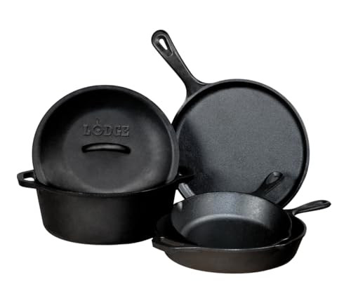 Lodge Seasoned Cast Iron 5 Piece Bundle. 10.5" Griddle, 8" Skillet, 10.25" Skillet, 10.25" Dutch Oven, and 10.25" Lid,Black | Amazon (US)