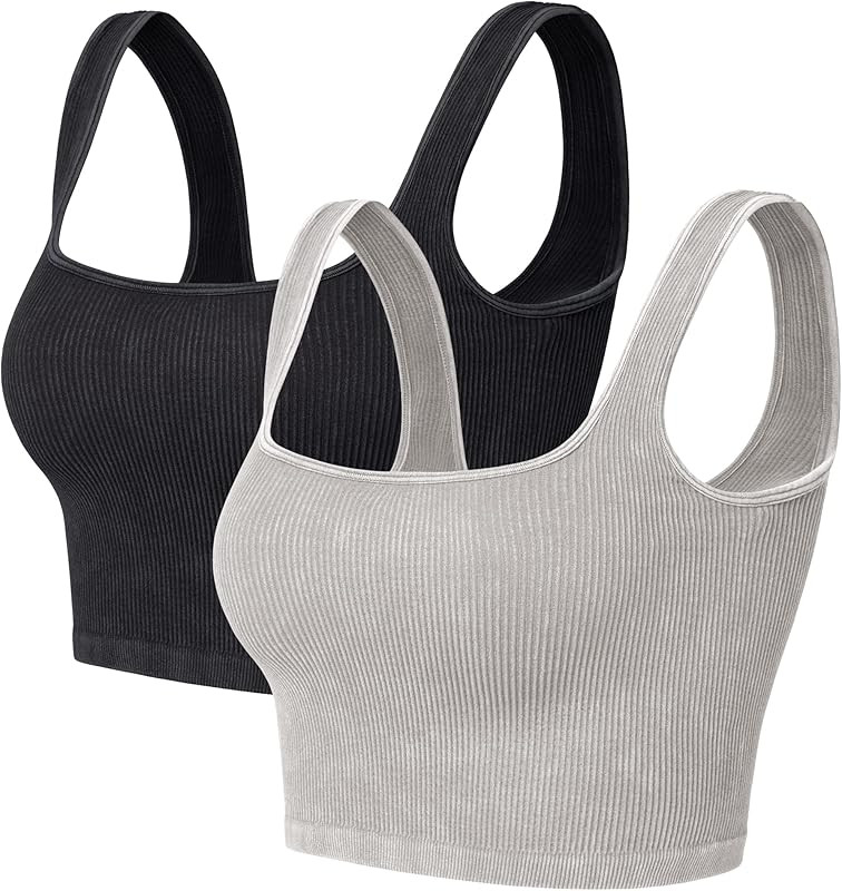 ODODOS Women's Seamless Crop Tank 2-Pack Ribbed Knit Square Neck Cropped Tops Casual Low Back Cam... | Amazon (US)