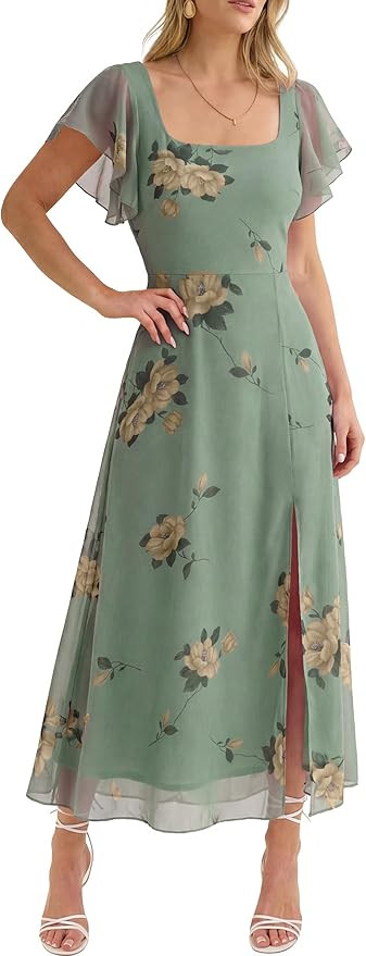 Caracilia Women Square Neck Floral Tulle Wedding Guest Bridemaid Dresses Summer Ruffle Sleeve Hig... | Amazon (US)
