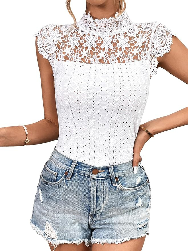 Floerns Women's Guipure Lace Mock Neck Cap Sleeve Eyelet Embroidery Tee Shirt | Amazon (US)
