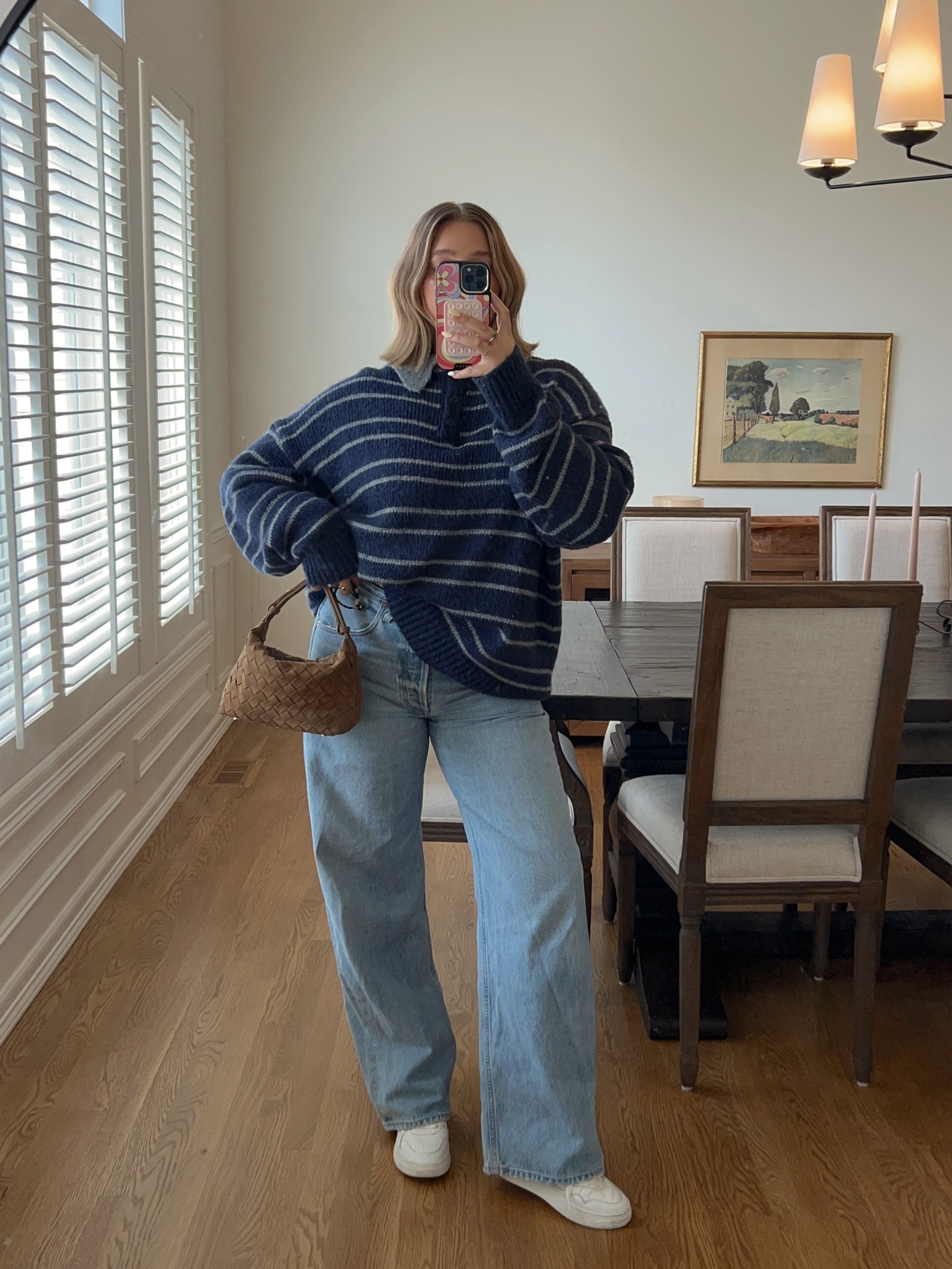 Sweater S/m and size down 2 in jeans they run big! Amazon bag