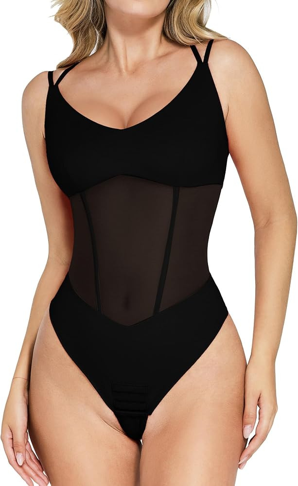 Popilush Mesh Corset Bodysuits For Women Tummy Control Shapewear Thong Bodysuit Backless Body Sha... | Amazon (US)